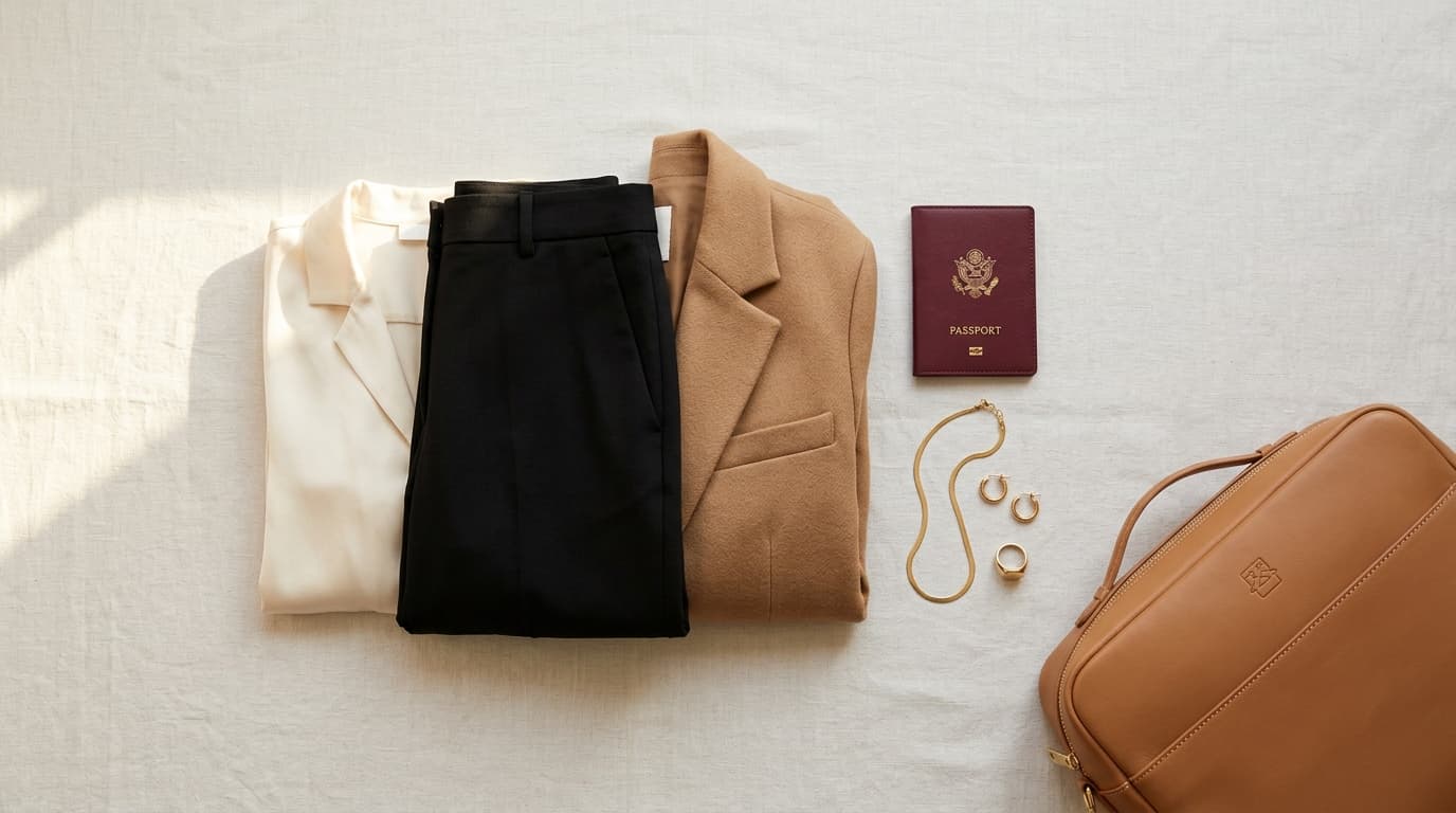 Travel capsule wardrobe — a minimal selection of versatile pieces laid out ready to pack