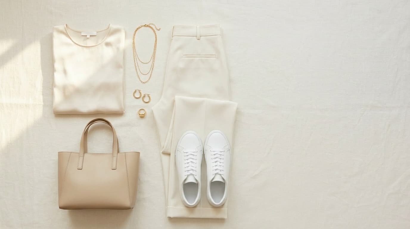 A curated outfit flat lay on ivory linen — how to always know what to wear