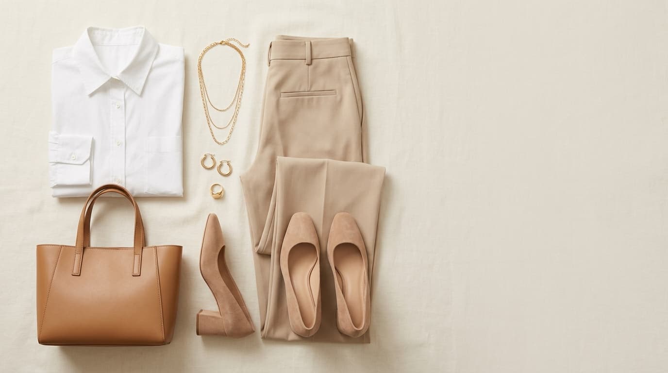 Capsule wardrobe flatlay — curated essentials arranged on a clean background