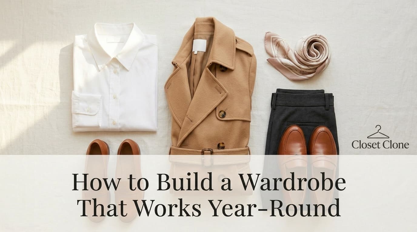 Year-round wardrobe essentials — white shirt, camel trench, cognac loafers