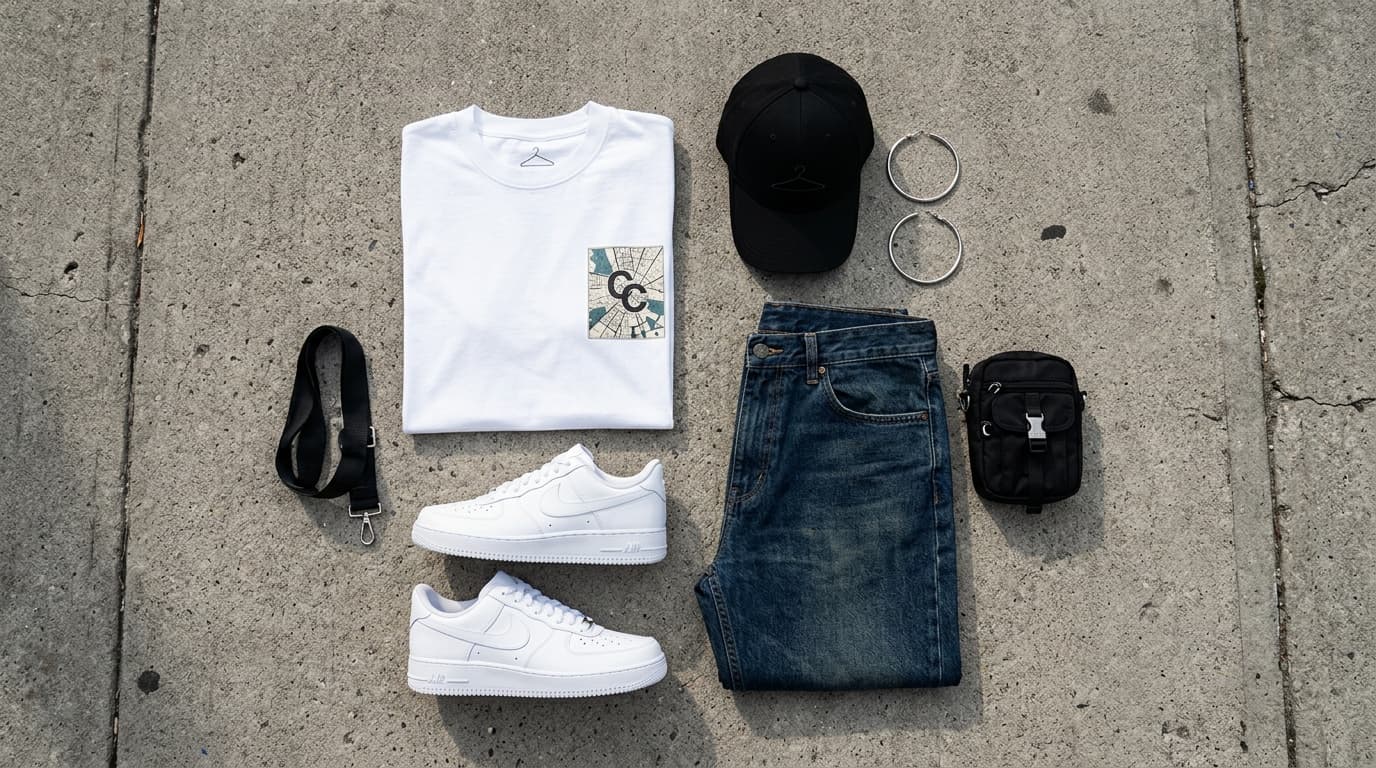 Streetwear flat lay — finding your own style and dressing for yourself