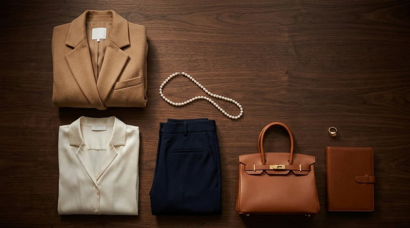 Old money wardrobe essentials — camel coat, pearls, and classic pieces