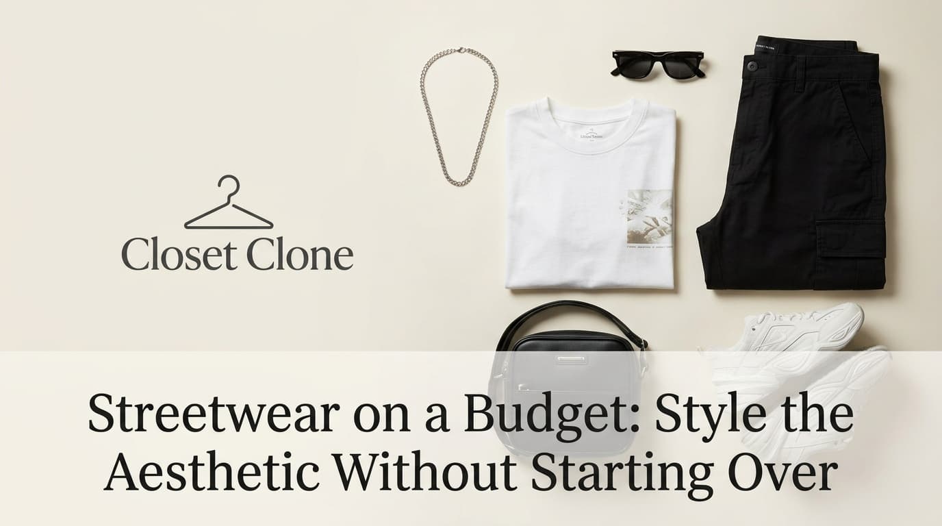 Streetwear aesthetic on a budget — graphic tee, cargo pants, chunky sneakers