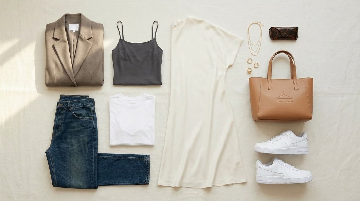 How to dress for your body type — wardrobe flat-lay